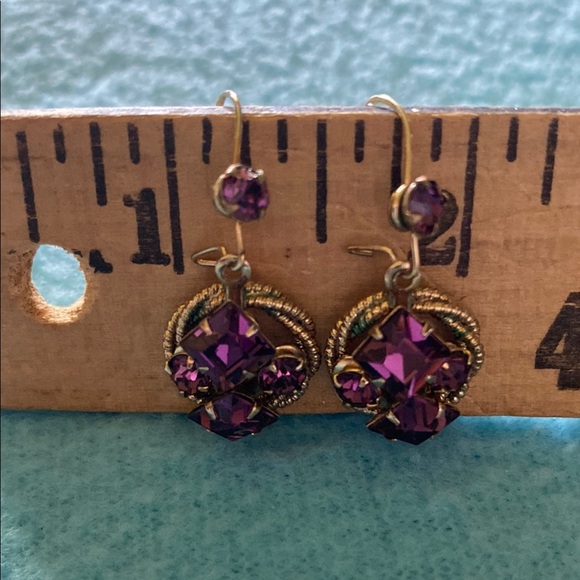 AMETHYST vintage rare antique faux cluster pierced wire earrings drop style gold - Picture 6 of 7